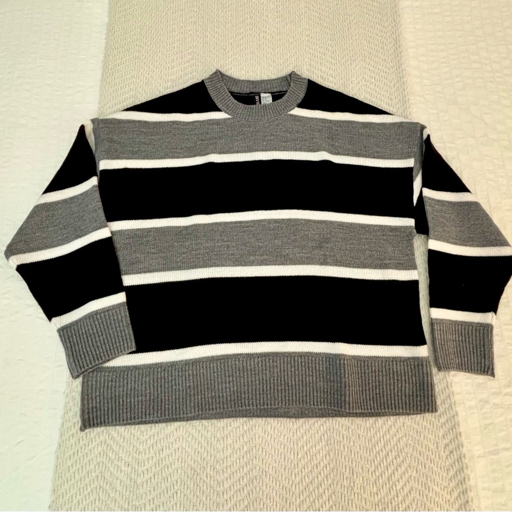Black, grey, and white striped knit sweater, H&M